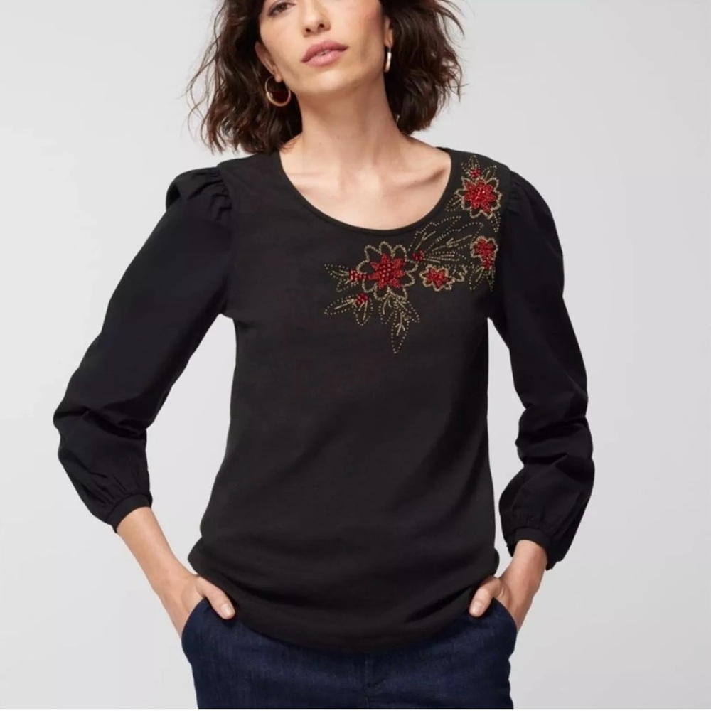 Chico’s Embellished Flower Puff Sleeve Top Beaded Floral Princess Sleeve Size 1